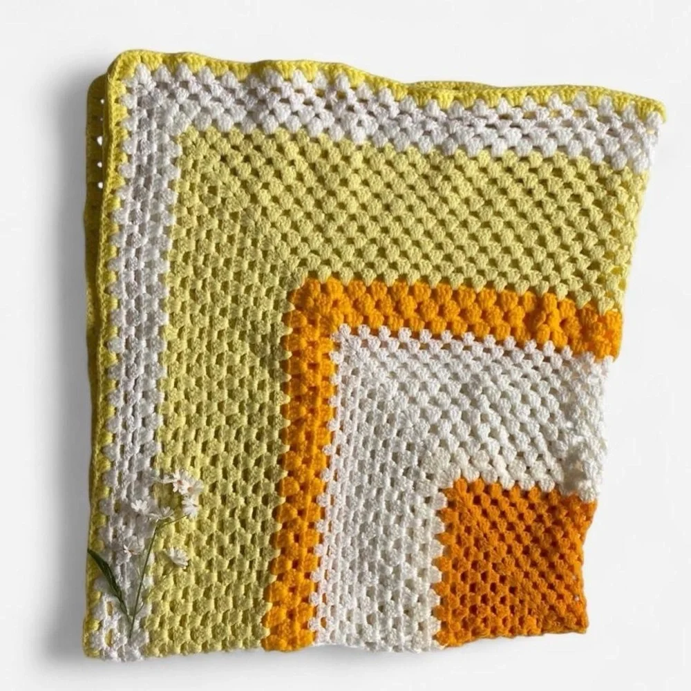 Vintage Handmade Crochet Throw Blanket in Yellow and Orange